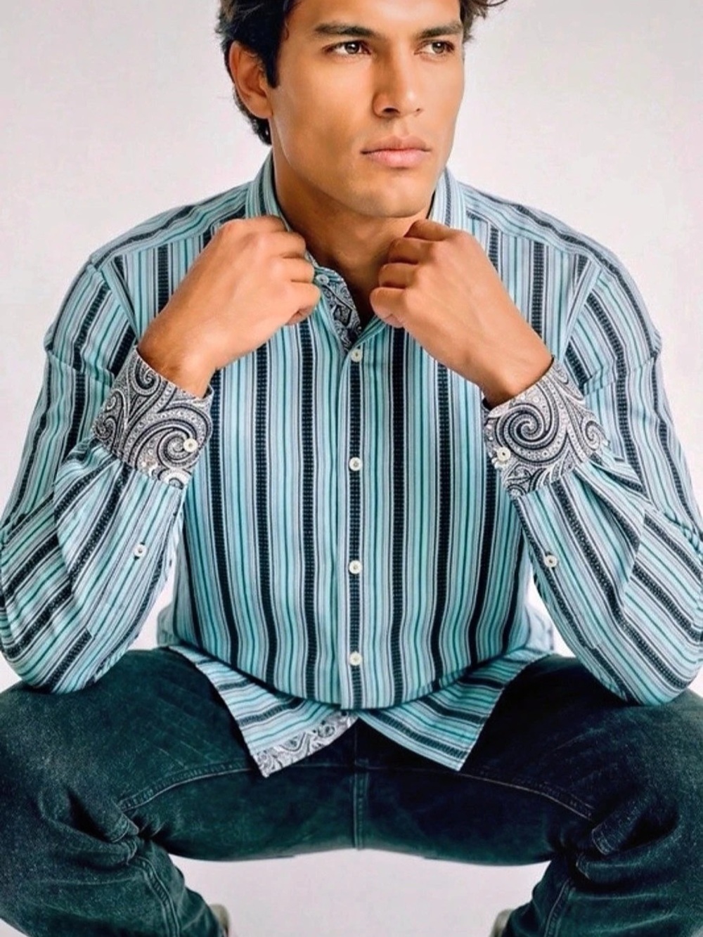 Robert Graham Men's Blue & Black Striped Cotton Button Down Shirt Size Large🩵